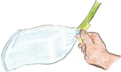 Manos uniendo con cinta adhesiva un tubo verde a una bolsa de plástico transparente que representa el estómago.