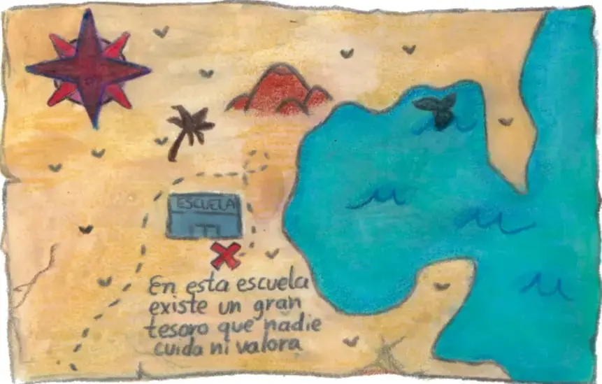 Croquis dibujado a mano que muestra una estrella roja, una palmera, montañas, el mar, un edificio etiquetado "ESCUELA" y una X roja. Incluye el texto: "En esta escuela existe un gran tesoro que nadie cuida ni valora".