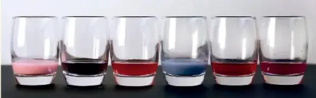 Seis vasos de vidrio con líquidos de distintos colores: rosa, morado, rojo, azul, rojo y rojo, que muestran los resultados del indicador.