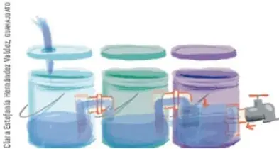 Tres recipientes conectados con tubos y llaves, mostrando el flujo del agua entre ellos.