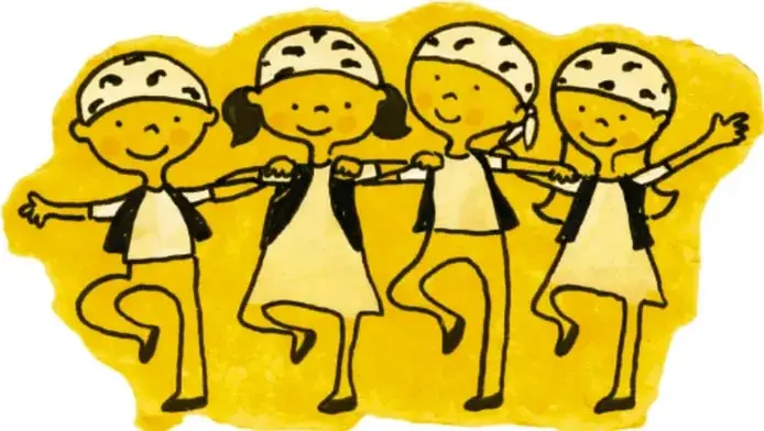 Ilustración de cuatro niños y niñas con pañuelos en la cabeza, tomados de las manos, bailando o actuando sobre un fondo amarillo.