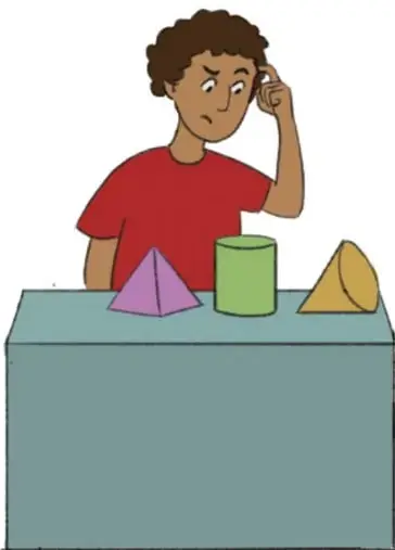 Ilustración de un estudiante pensativo junto a una mesa con tres figuras tridimensionales: una pirámide, un cilindro y un cono, representando la maqueta didáctica del proyecto. Crédito: Ekatherina Busquets Haldonado, GUANAJUATO.