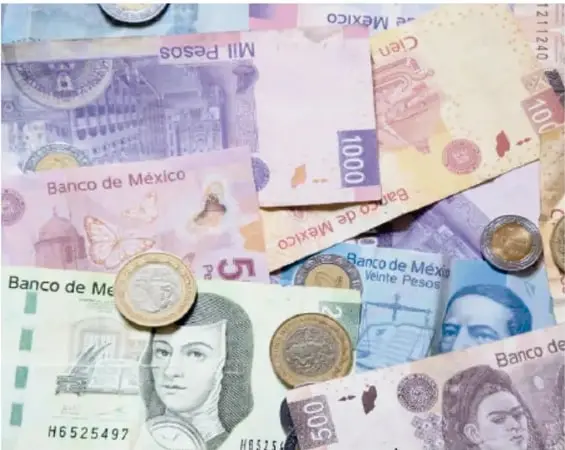 Fotografía de billetes y monedas mexicanas de distintas denominaciones y tamaños amontonados (de 20 a 1 000 pesos).