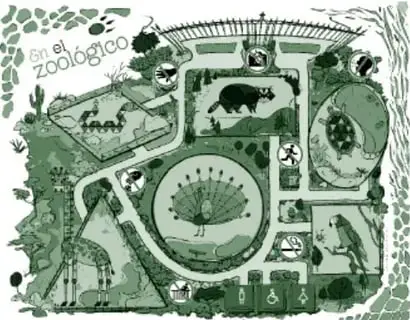 Ilustración del recurso 'En el zoológico': croquis en tonos verdes con recintos de animales (jirafa, pavo real, hipopótamo, aves, reptil) y caminos para recorrer el zoológico.