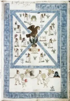 Página de un códice con un águila al centro sobre un glifo y personajes alrededor, con marco azul decorado.