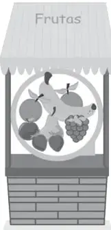 Puesto de frutas con un letrero que dice 'Frutas' y una canasta con plátanos, manzanas, uvas y mandarinas.
