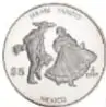 Fotografía del reverso de la Moneda de la III Serie Iberoamericana, 5 pesos, Jarabe Tapatío, México, 1997, plata, de 40 mm.
