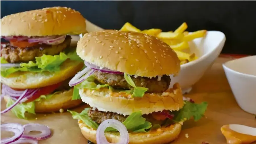 Fotografía de dos hamburguesas con lechuga, cebolla morada y tomate, acompañadas de papas fritas en un tazón blanco. Representa alimentos procesados y ultraprocesados.