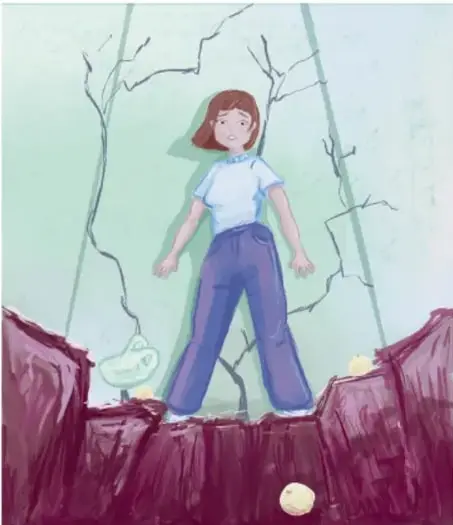Ilustración de una mujer joven de pie sobre una grieta profunda en el suelo; viste camisa blanca y pantalón azul; al fondo, paredes agrietadas. Crédito: Vivian Lissette Esquivel Martínez, Estado de México.