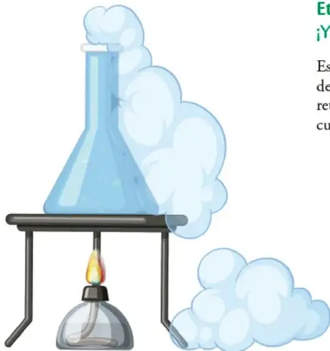 Ilustración de matraz con líquido caliente sobre mechero y humo, en alusión a reacciones químicas.