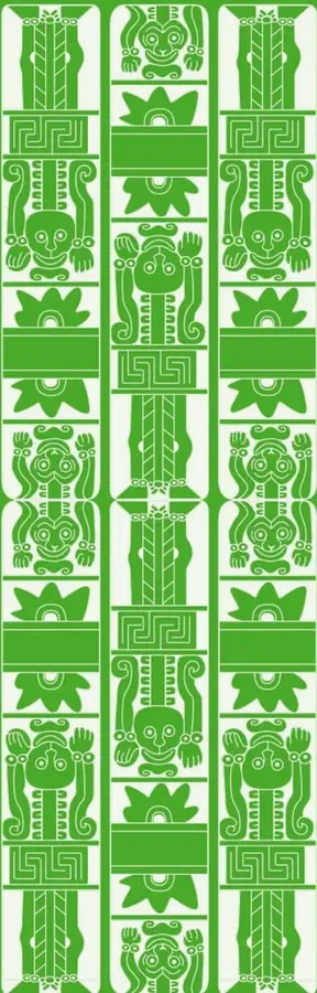 Decoración de motivos prehispánicos en verde: tres columnas verticales con figuras antropomorfas, máscaras, follajes y grecas, al estilo de arte mesoamericano.