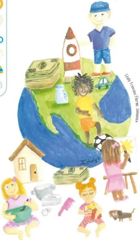 Ilustración de un árbol con rostro y brazos en forma de balanza; en un platillo hay niños y en el otro niñas, con el año 2154 escrito en el tronco: representa la búsqueda de equilibrio entre géneros hacia el año 2154. Ilustradora: Idah Fructas Flores, Colibrí.