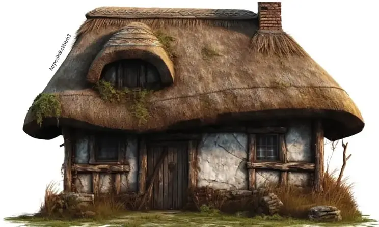 Ilustración de una cabaña con techo de paja y paredes de adobe/barro, ambiente rural.