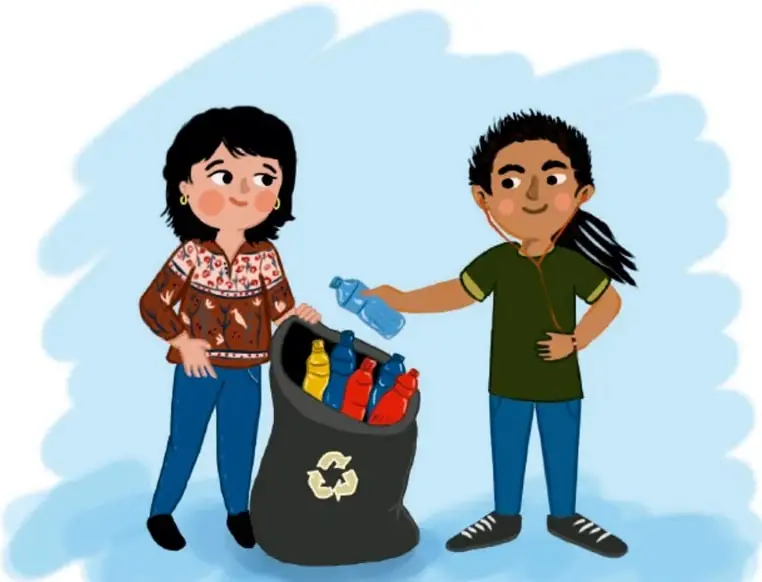 Ilustración de dos niñas separando botellas de plástico de colores para colocarlas en una bolsa negra con el símbolo de reciclaje. Crédito: Ana María Hernández Hernández, Ciudad de México.