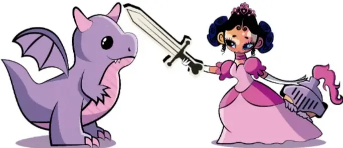 Ilustración de un dragón morado y una princesa de piel oscura que sostiene una espada, con un yelmo en la otra mano. La imagen subvierte el estereotipo tradicional de princesa indefensa.