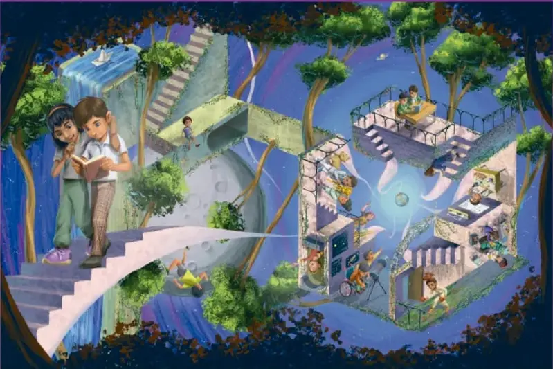 Ilustración fantástica con niños subiendo escaleras entre árboles, un río, un planeta y una biblioteca flotante; dos niños leen en primer plano.