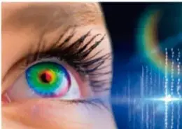 Foto de un ojo humano con iris multicolor y fondo tecnológico