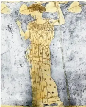 Ilustración de la diosa Atenea con casco, lanza y escudo, de pie sobre un fondo azul.