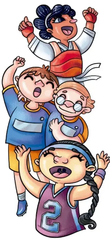 Ilustración de cuatro niñas y niños celebrando con entusiasmo: uno con balón de básquetbol, otro con uniforme y numero 2, animando y saltando de alegría. Crédito: Lavinia Cabrera Sandoval, TABASCO.