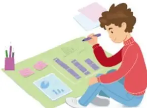 Estudiante sentado en el piso dibujando y colando una infografía con gráficas de colores.