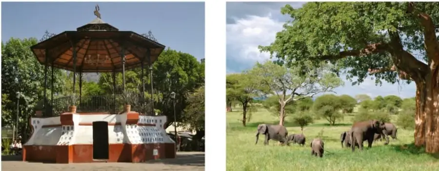 Kiosco o plaza comunitaria con techo y columnas, ejemplo de lugar importante.
