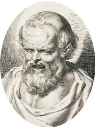 Retrato grabado de un filósofo griego anciano con barba, en formato ovalado, probablemente Aristóteles o Demócrito.