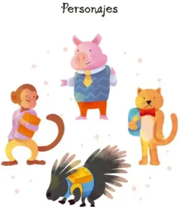 Ilustración de los personajes: cerdo, mono, gato y puercoespín con mochilas, con el rótulo 'Personajes: Los que realizan las acciones pueden ser personas, animales u objetos.'