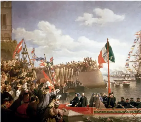 Pintura histórica que muestra el embarque o despedida de las tropas francesas en un puerto mexicano, con banderas de México y multitud observando.