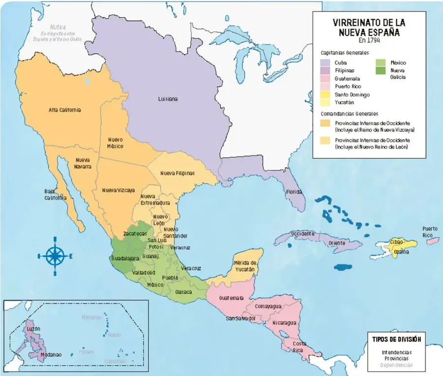 Mapa del Virreinato de la Nueva España en 1794 con capitanías, comandancias y tipos de división.