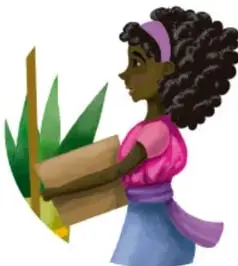 Ilustración de una mujer con sombrero y blusa bordada sosteniendo un libro, con plantas.