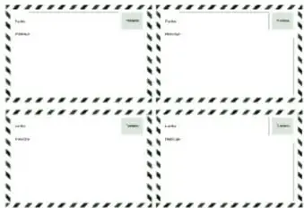 Reverso de las postales: cuatro tarjetas con borde festón, casillas para el nombre del destinatario, líneas para el mensaje y espacio de firma.