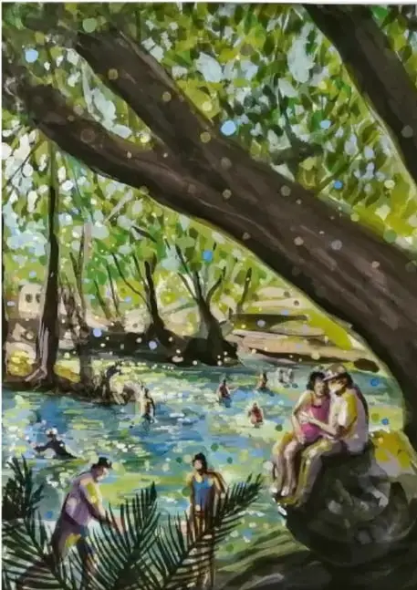 Pintura de Octavio Sánchez Oropeza (Veracruz) que muestra un paisaje con un gran árbol, un río y personas bañándose y conviviendo, en tonos verdes y azules.