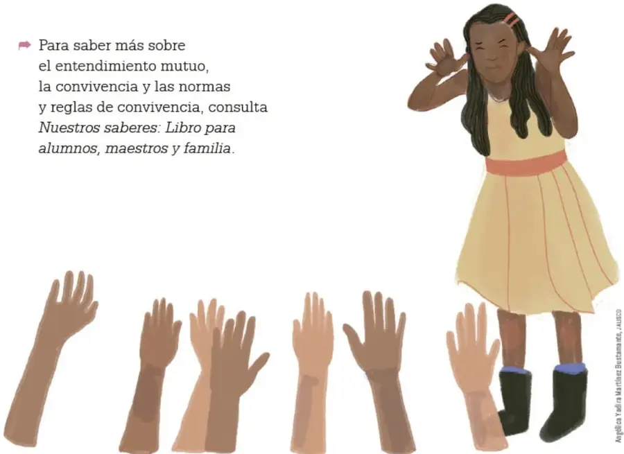 Ilustración de una niña de piel morena con vestido amarillo y banda naranja que se cubre los oídos con ambas manos, con expresión de molestia.