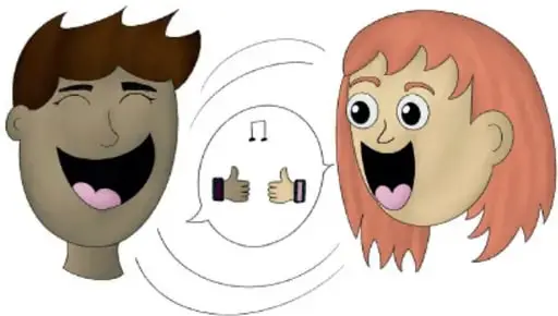Ilustración de dos rostros sonrientes con un globo de diálogo entre ambos que contiene un signo de interrogación y señales de pulgar arriba, representando el diálogo constructivo. Crédito: Guillermo de Marco Rojas Palos, JALISCO.
