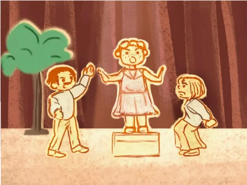 Ilustración de tres estudiantes sobre un escenario: un niño levanta la mano, una niña de pie sobre una caja habla y otra niña escucha; al fondo un árbol y cortinas rojas.