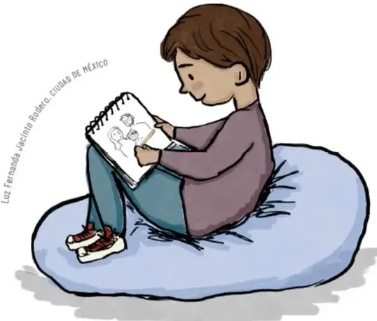 Ilustración de un niño sentado sobre un cojín azul, dibujando rostros en un cuaderno con un lápiz. Crédito: Luz Fernanda Jachito Rojas, Ciudad de México.