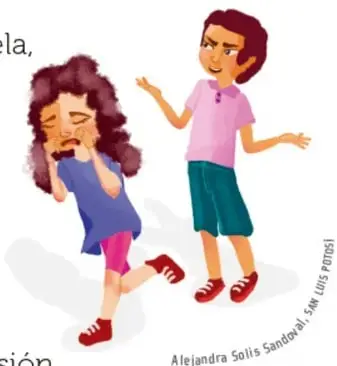 Ilustración: una niña (Nanis) llorando con las manos en la cara mientras un niño mayor (Tatos) le habla con gesto serio. Crédito: Alejandra Solís Sandoval.