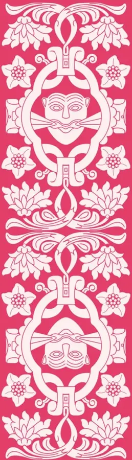 Ilustración decorativa en color rosa con motivos florales y dos rostros prehispánicos estilizados, enmarcados en grecas y roleos, que alude a la herencia cultural mesoamericana.