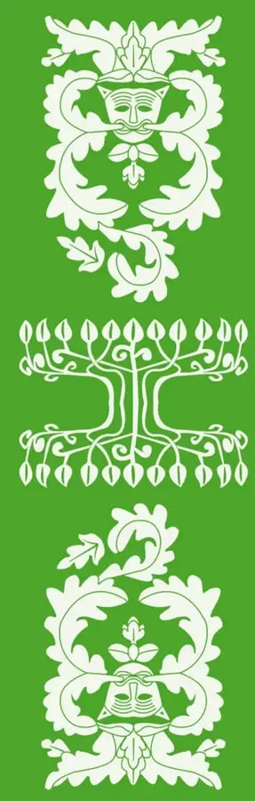 Tres ornamentos florales blancos de estilo popular: un rostro masculino con bigote enmarcado por follaje, un árbol con raíces y ramas simétricas, y otro ornamento con rostro estilizado invertido.