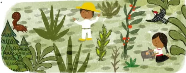 Ilustración de un paisaje con plantas, una mariposa, un ave, un niño con sombrero amarillo, una niña con vestido rojo y una mujer con listón rosa, rodeados de vegetación.