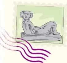Ilustración de una escultura clásica reclinada dentro de un marco decorativo.