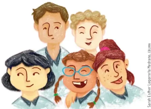 Ilustración de cinco niños sonriendo, en colores pastel. Crédito: Sarah Esther Legorreta Medrano, COLMNA.