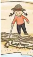 Ilustración de una niña con sombrero y pala recogiendo cochayuyo en la orilla del mar.