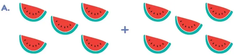 6 sandías a la izquierda y 6 sandías a la derecha, separadas por un signo +.