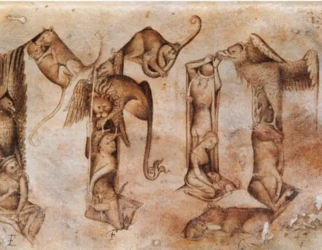 Ilustración antigua en tonos sepia con figuras humanas y animales entrelazados, ejemplo de composición donde imagen y texto se integran (arte visual y letras).