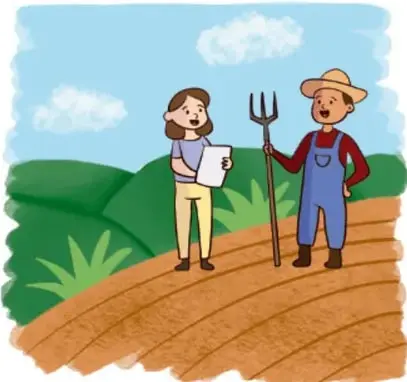 Ilustración de una joven entrevistando a un campesino con horca en el campo, acreditación: María José Salas González, ALIsco.