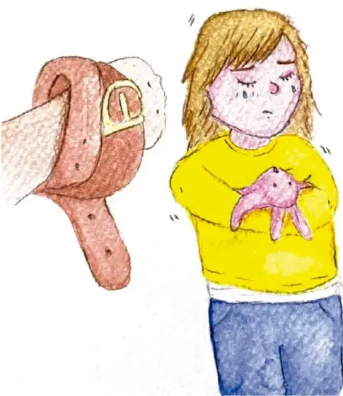 Ilustración de una niña llorando abrazando su peluche junto a una mano con cinturón, representando el maltrato físico.