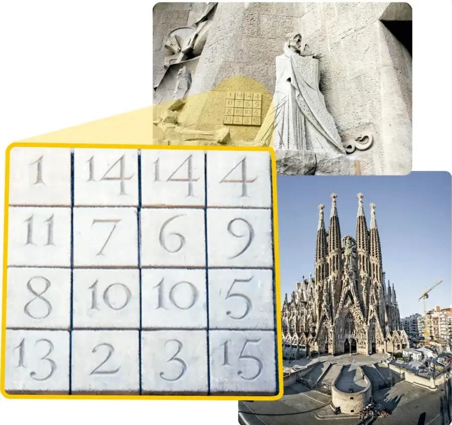 Escultura de La Sagrada Familia con el cuadrado mágico incrustado en la fachada de la Pasión.