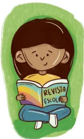 Ilustración de una niña sentada leyendo una revista con la palabra «REVISTA ESCOLAR» en la portada. Crédito: Gimenna Schiaffini Rosales, PUEBLA.