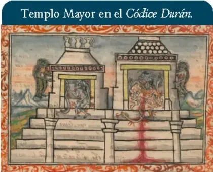 Maqueta del Templo Mayor que muestra sus etapas de construcción, orientada al poniente, con el teocalli de Tláloc (azul) al norte y el de Huitzilopochtli (rojo) al sur.